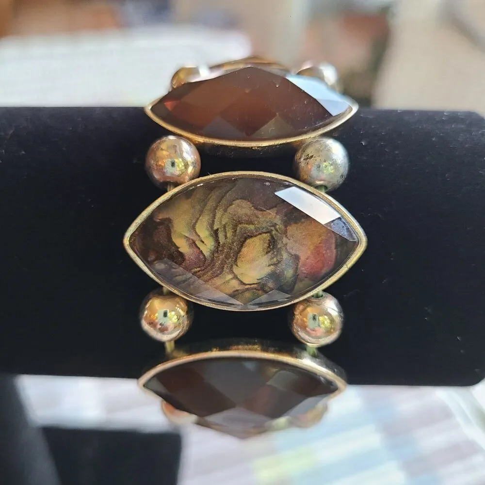 Vintage Gold Tone Stretch Bracelet Faceted Brown Stones With Iridescent Accents